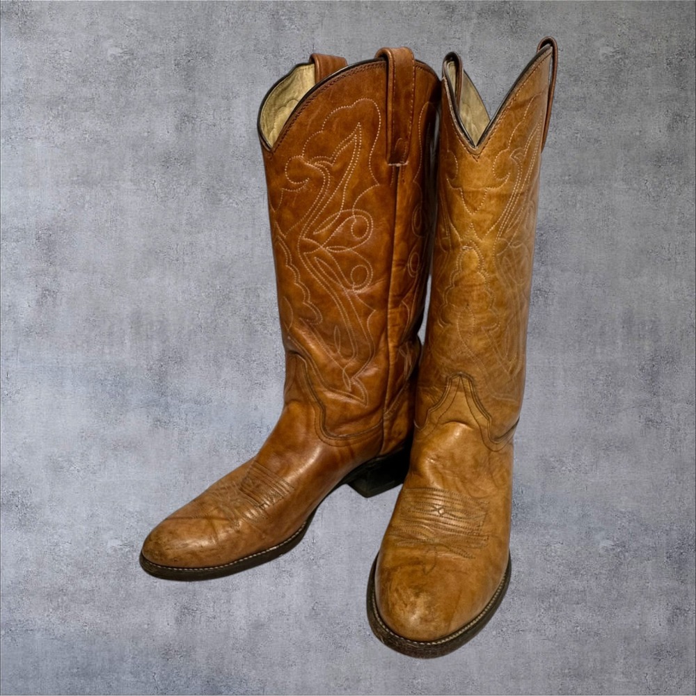Abilene Western Cowboy Boots Womens 10 B Tan Leather Stitched Pointed Toe USA